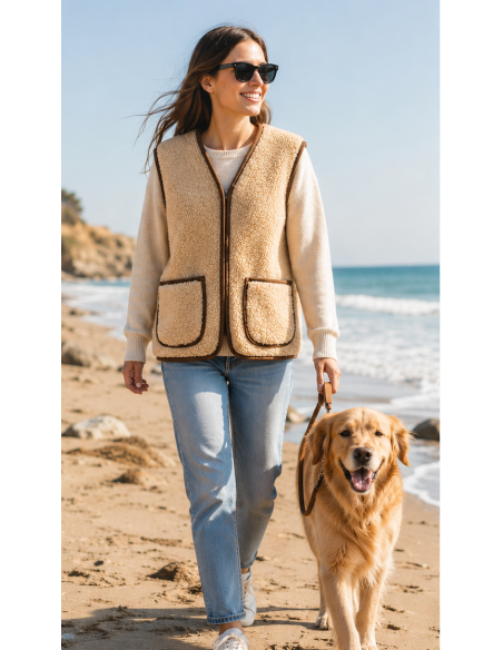 Gilet Berger Zip  Court en Laine 100% Naturelle Adulte - Couleur Latté