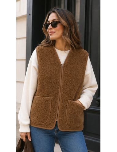 Gilet Berger Zip en Laine 100% Naturelle Adulte - Couleur Caramel