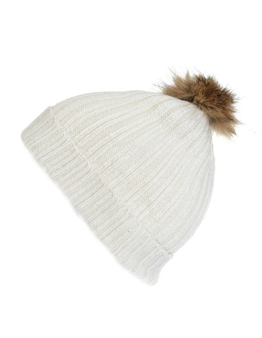 Bonnet blanc en laine - Pompon Fauve
