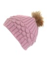 010E - Bonnet en laine rose à motifs et pompon